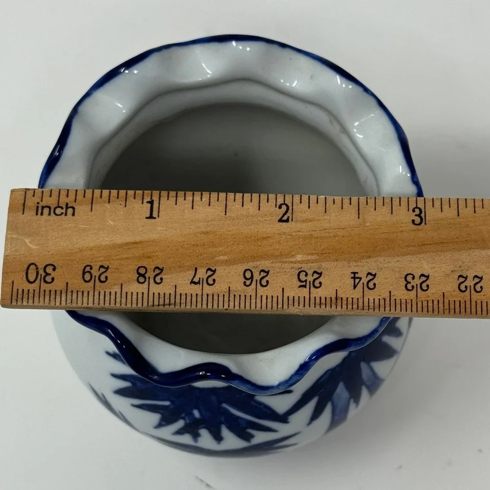Vintage Blue & White Chinoiserie Bamboo Cachepot Planter Vase Scalloped Rim